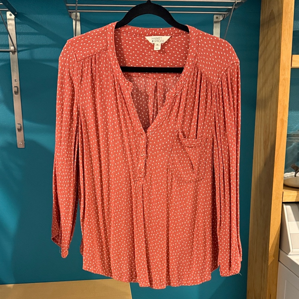 Market & Spruce Coral Polka Dot Blouse